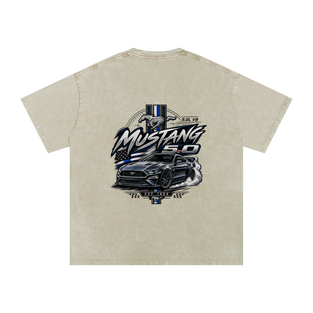Snow Washed Oversized MUSTANG 5.0  Cotton T-Shirt