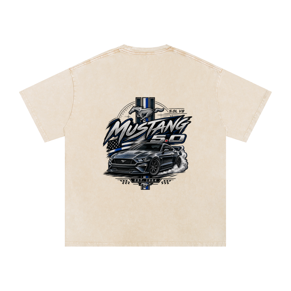 Snow Washed Oversized MUSTANG 5.0  Cotton T-Shirt